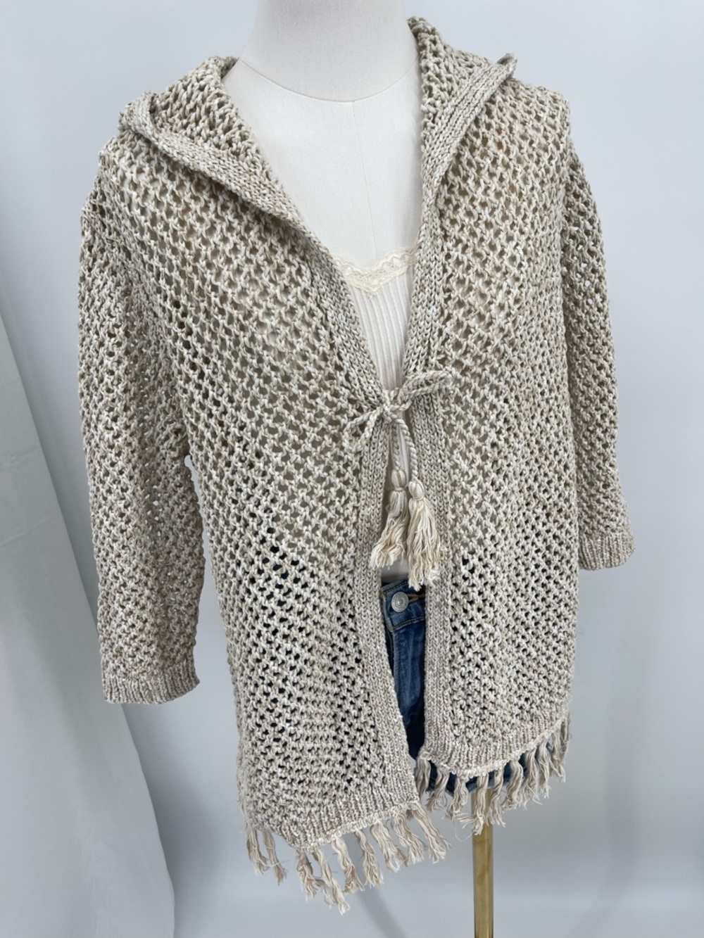 J.Jill Cream M Open-Knit Hooded Tassel Cardigan Hood Boho Beachy Coastal Neutral